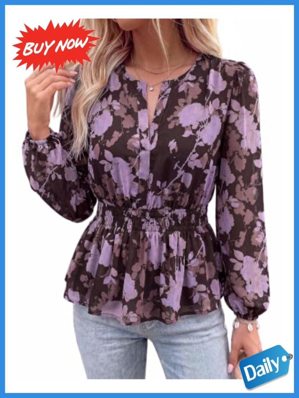 Womens Floral Chiffon Peplum Blouse V Neck Long Sleeve Dressy Casual Top